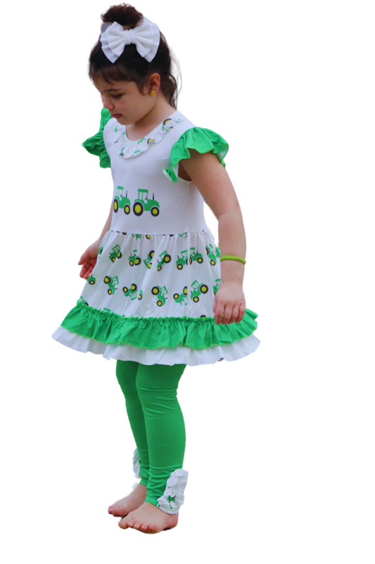 Girls Ruffled Green & White Tractor 2pc Outfit