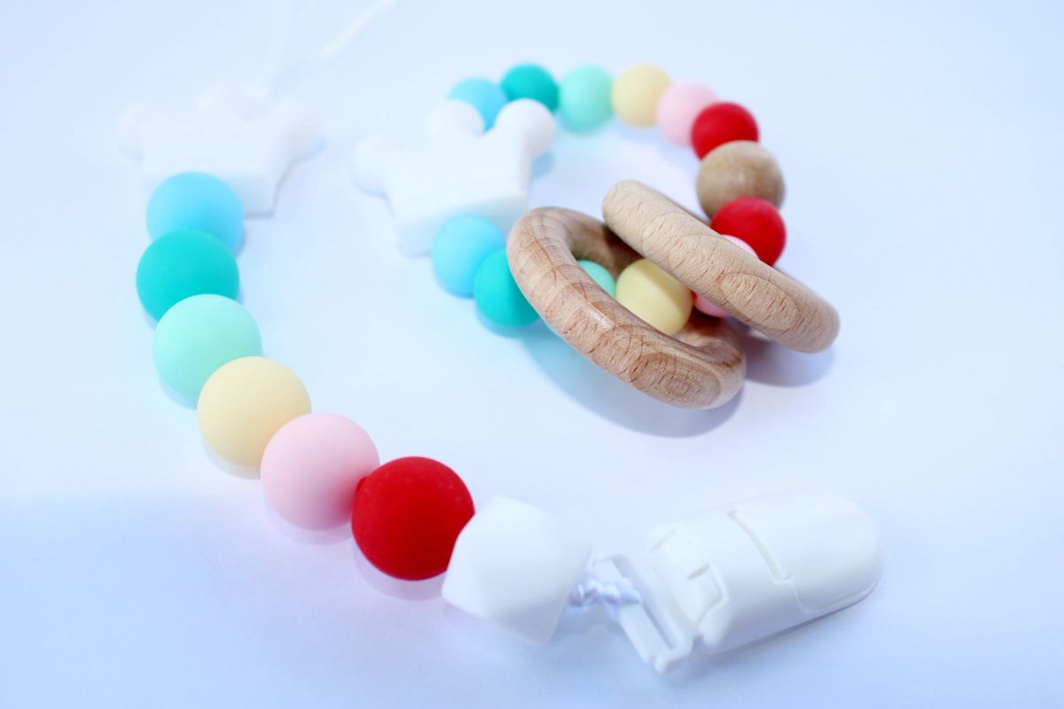 Pacifier Clip Holder & Teether, Bright Rainbow