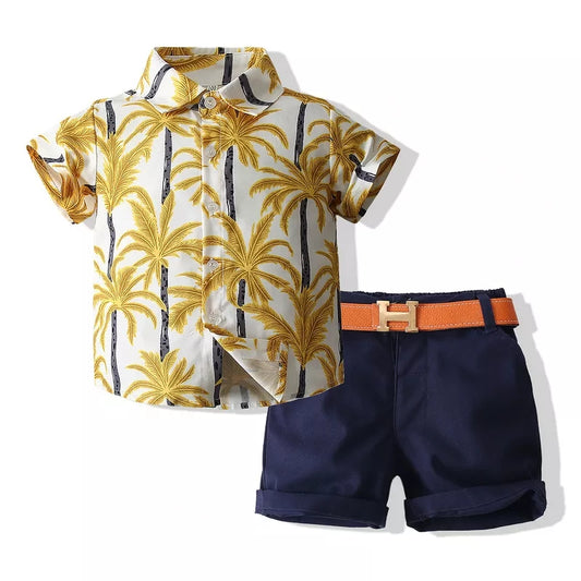 Boys Golden Palm Tree Shirt, Shorts & Belt set