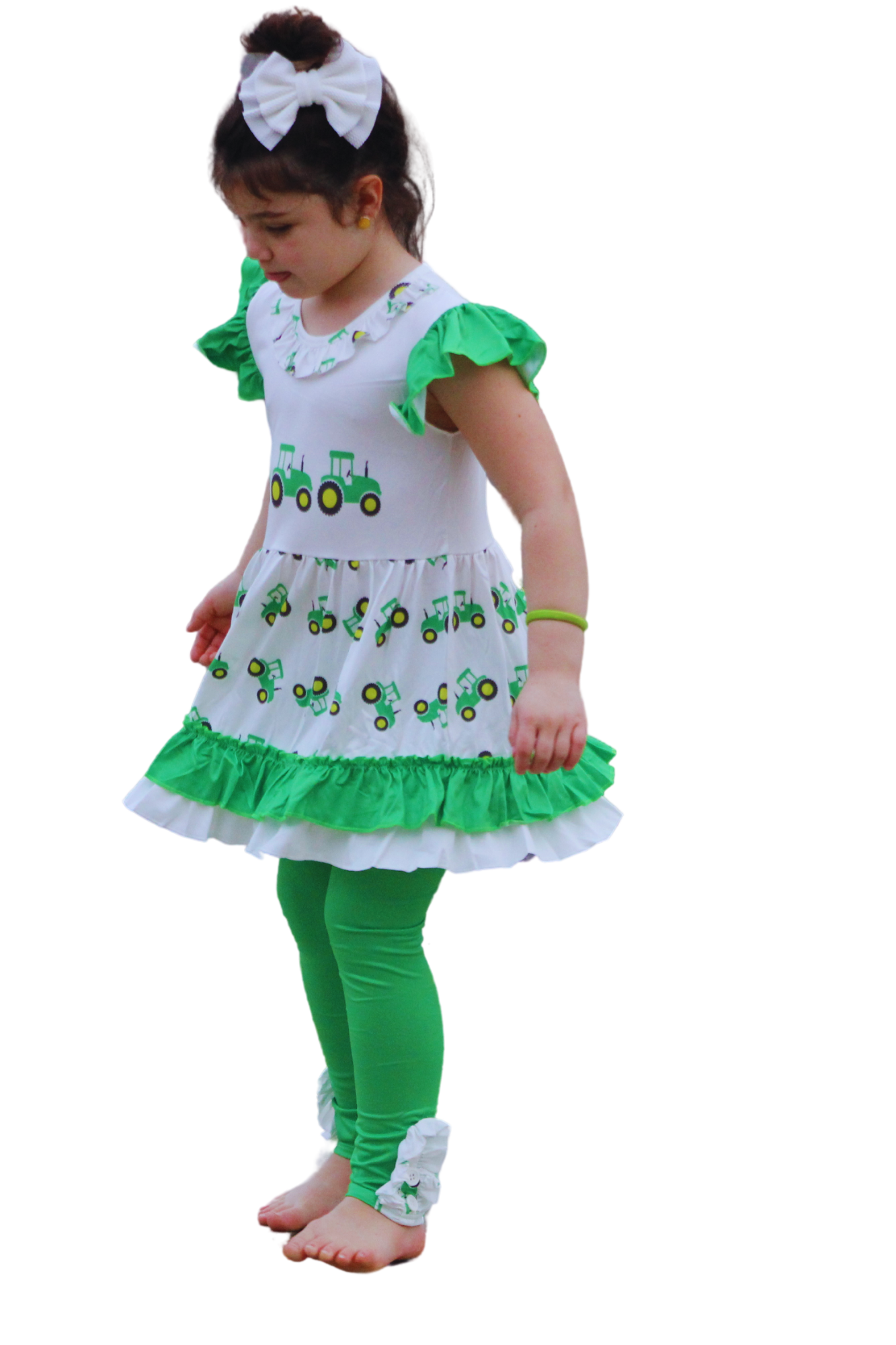 Girls Ruffled Green & White Tractor 2pc Outfit