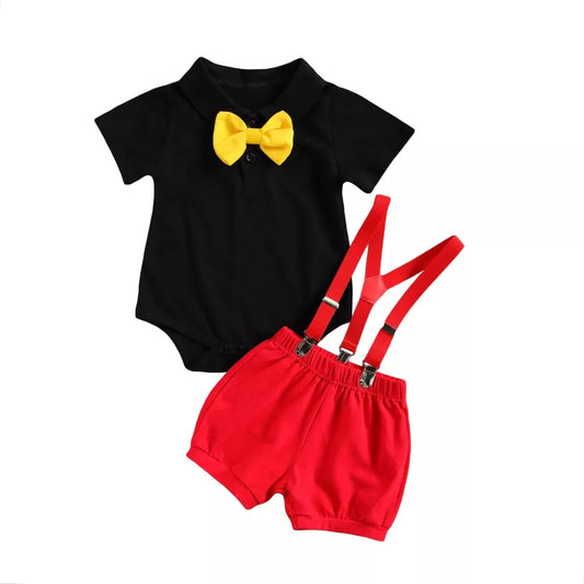 Boys 3 pcs, Onesie, Suspenders Romper & Tie Set