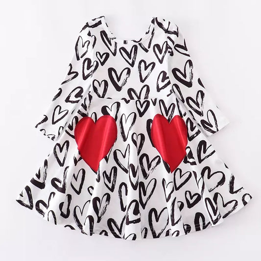 Girls Doodle Large Heart, Valentines Dress