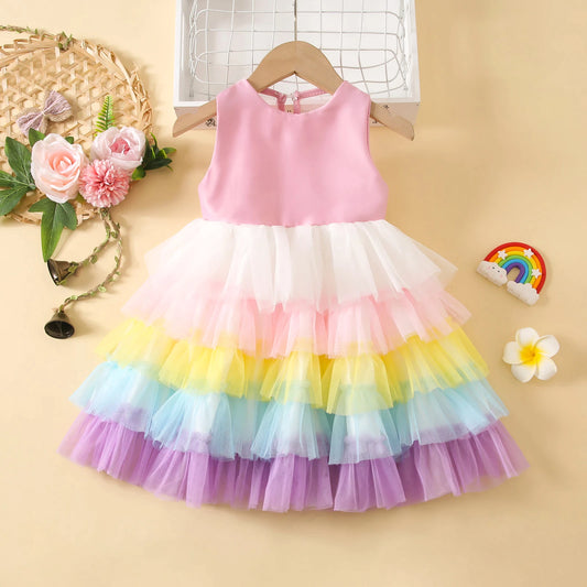 Girls Pastel Rainbow Layered Dress