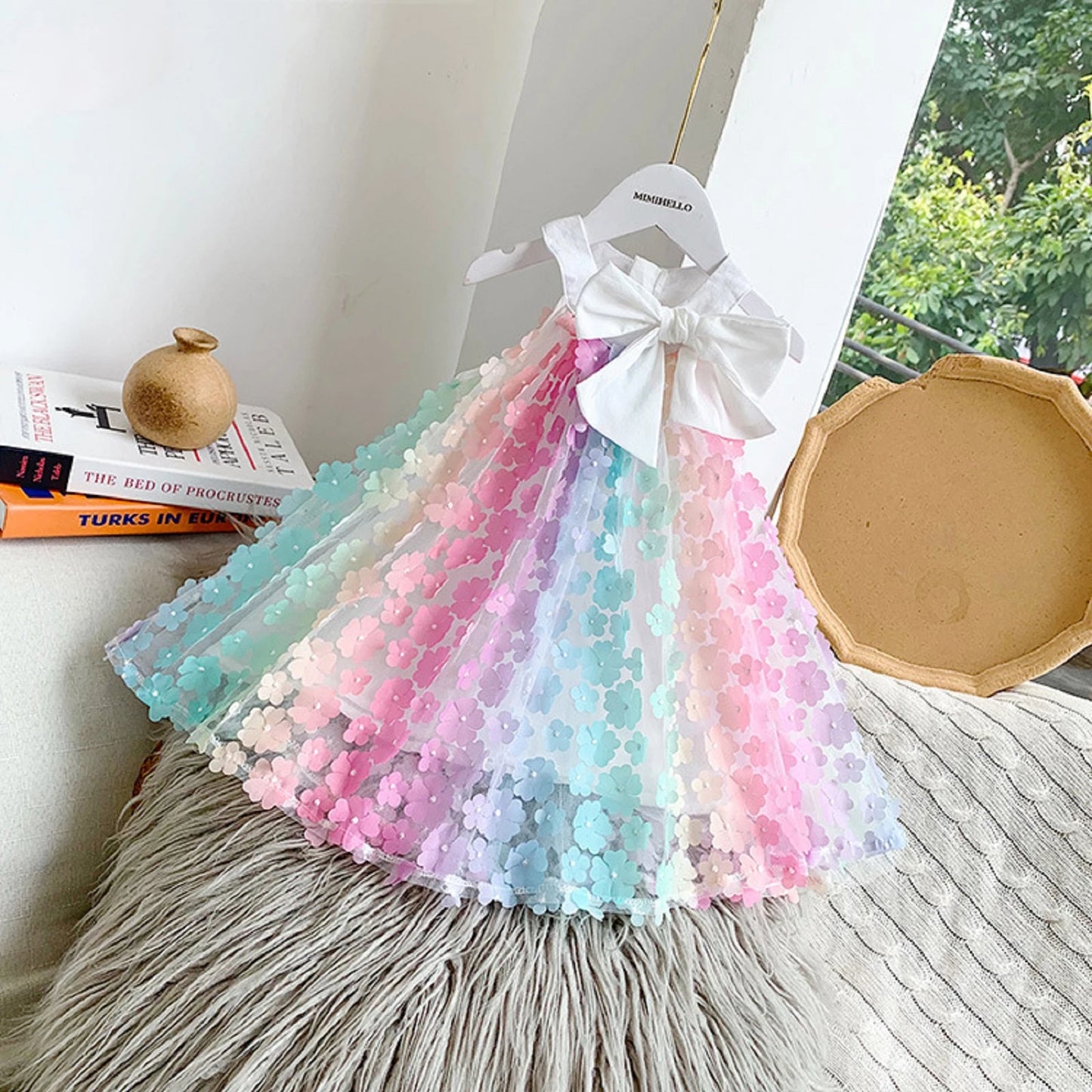 Girls Rainbow Drops of Paisleys Big Bow Dress