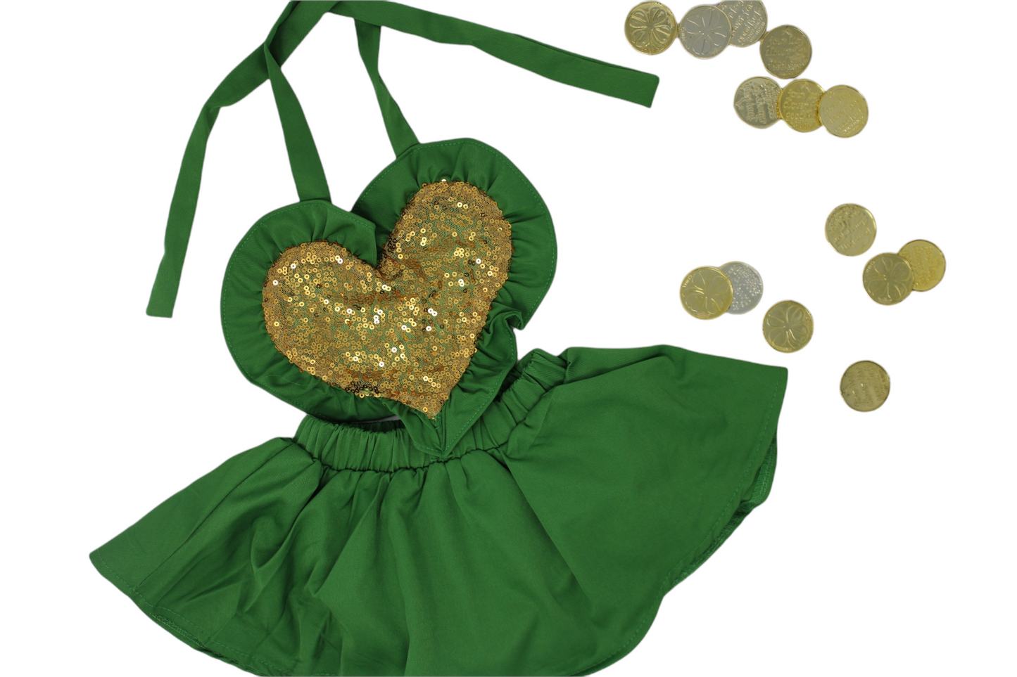 Girls Holiday St Patricks, Ruffled Golden Heart Romper