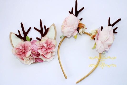 Golden Headband, 2 Floral Reindeer, Toddler