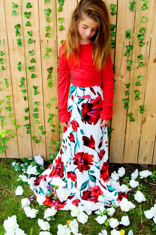 Red Floral Print Long Sleeved Dress