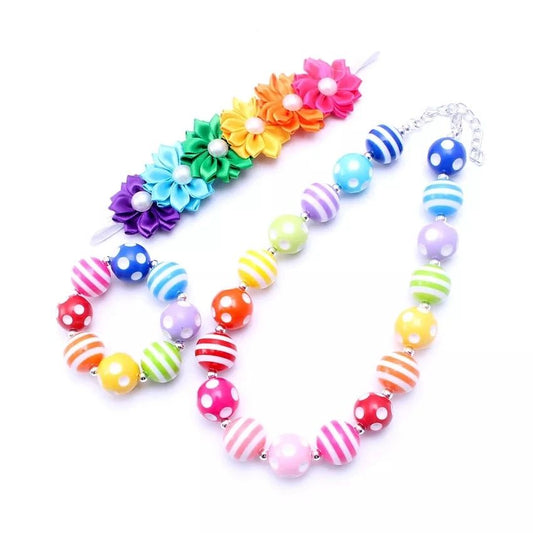 Rainbow Bubble Chunky 3pc Set Necklace, Bracelet, hairband