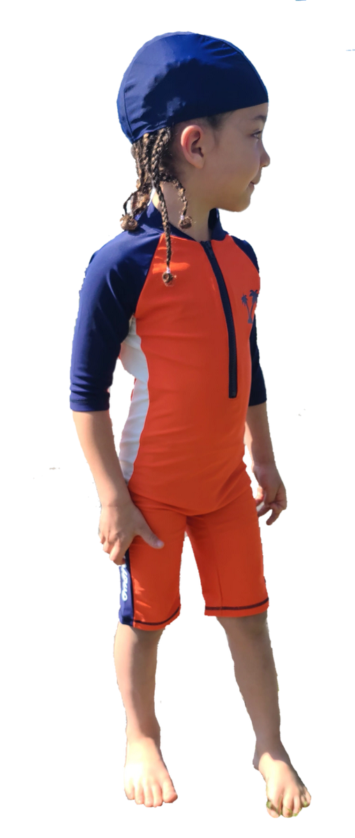 One Piece Orange & Blue Swim Suit with Cap