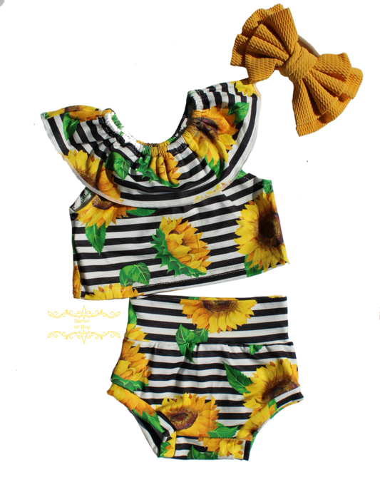 Girls 2pc Striped Sunflower Bummie Set