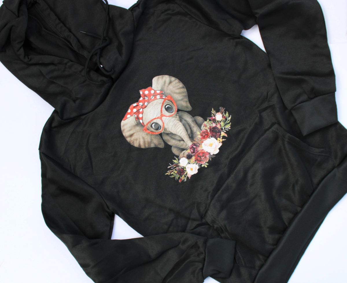 Elephant & Floral Black Hooded Sweat Shirt