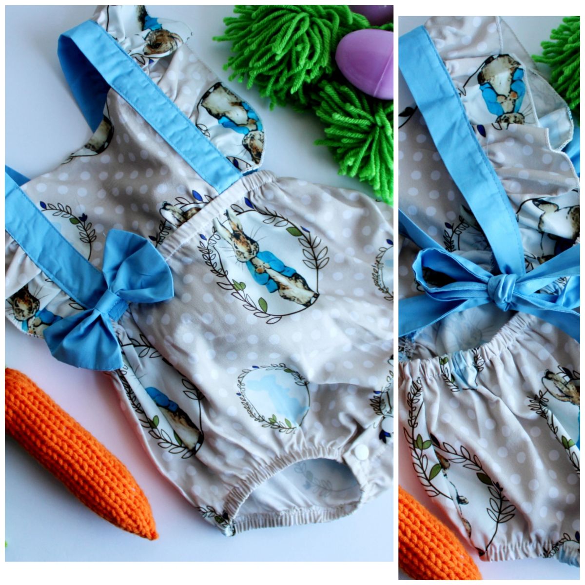 Blue Trails of Peter Cotton Tail Bunny Easter Romper