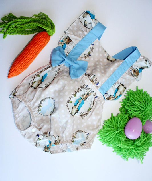 Blue Trails of Peter Cotton Tail Bunny Easter Romper