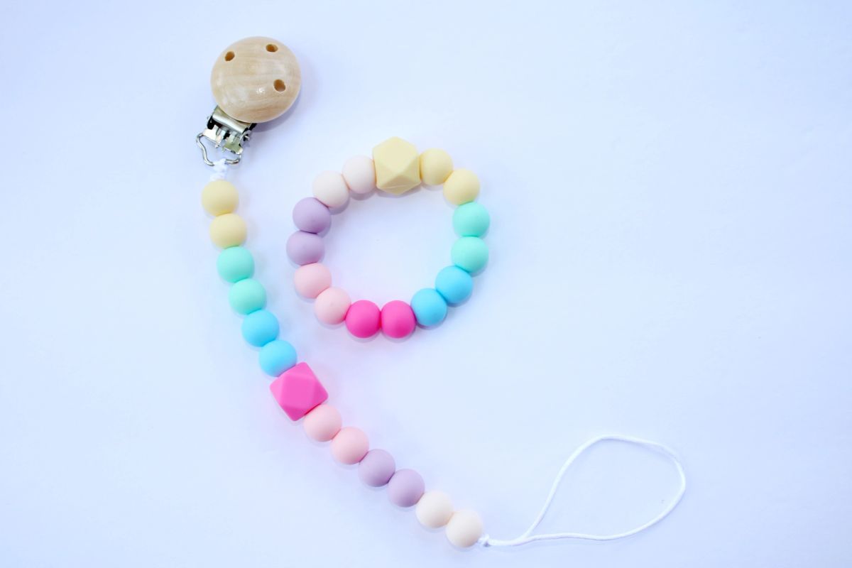 Pacifier Clip Holder & Teether, Soft Rainbow