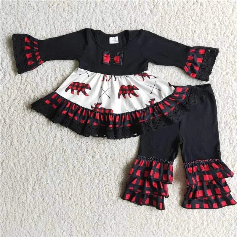 Plaid Bear Black , Ruffles Galore, 2 pc outfit