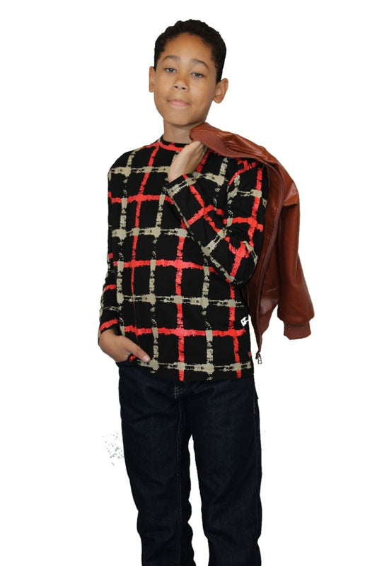 Boys Black Gridded Long Sleeved Shirt