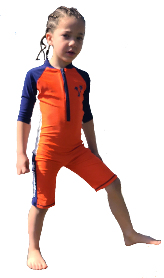 One Piece Orange & Blue Swim Suit with Cap